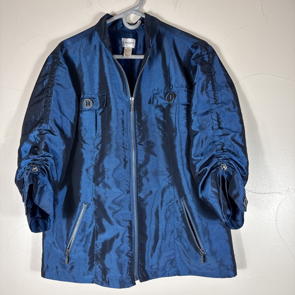 Chico's Woman's M Casual Sheen Kori Jacket Tempo Teal Silver Full Zip Size 3 - Picture 1 of 8
